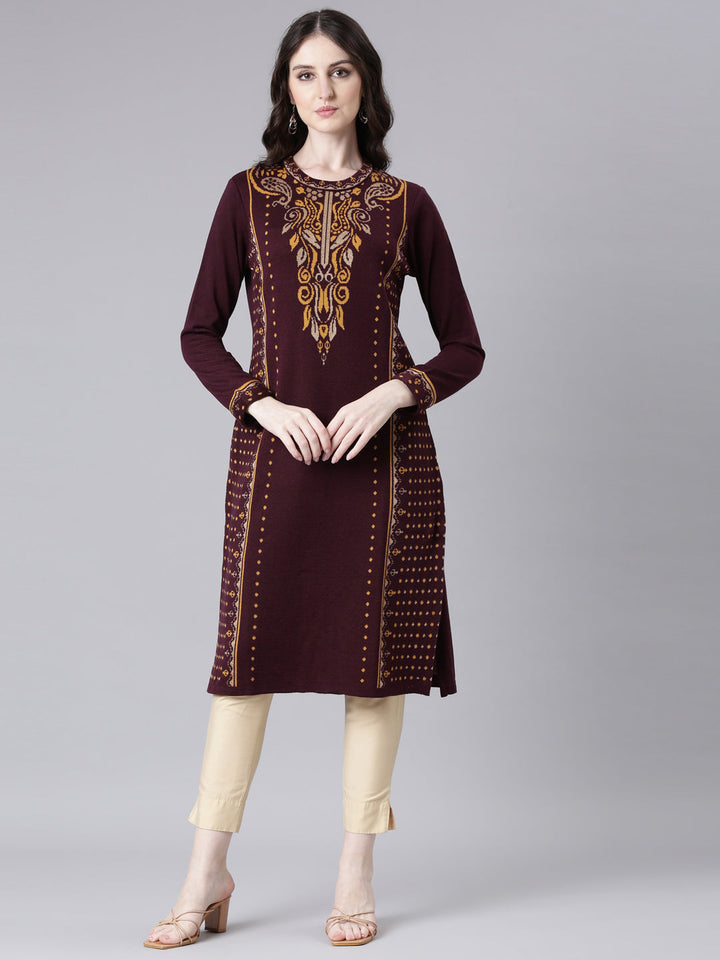 Neerus Maroon Casual Woven Design Straight Kurtas
