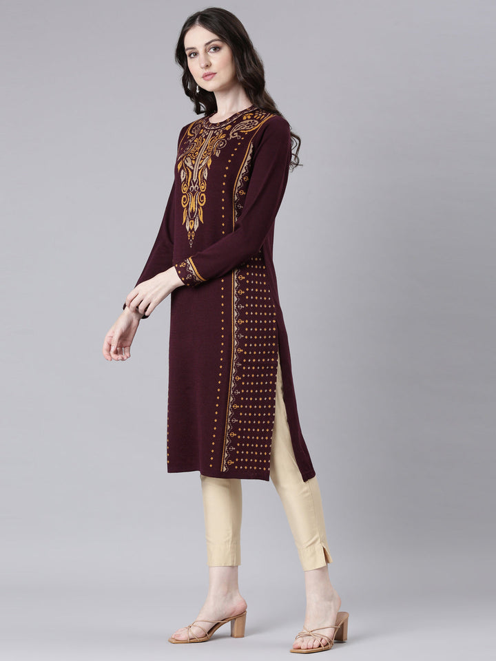 Neerus Maroon Casual Woven Design Straight Kurtas