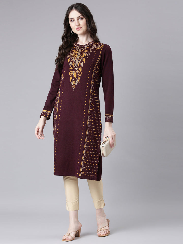 Neerus Maroon Casual Woven Design Straight Kurtas