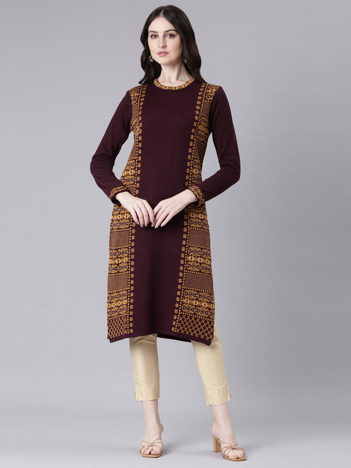 Neerus Maroon acrylic woven straight kurta - detail view 2