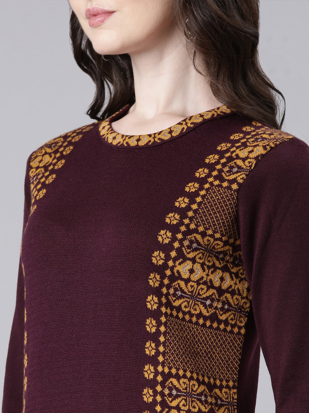 Neerus Maroon acrylic woven straight kurta - detail view 1