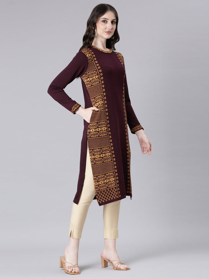 Neerus Maroon acrylic woven straight kurta - back view