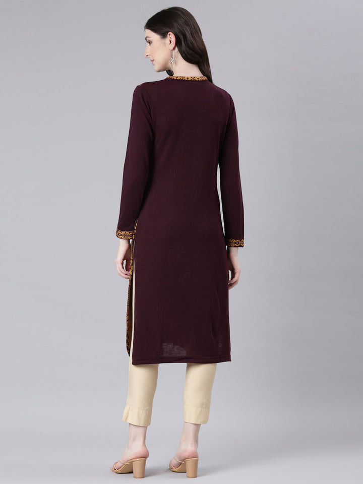 Neerus Maroon acrylic woven straight kurta - side view