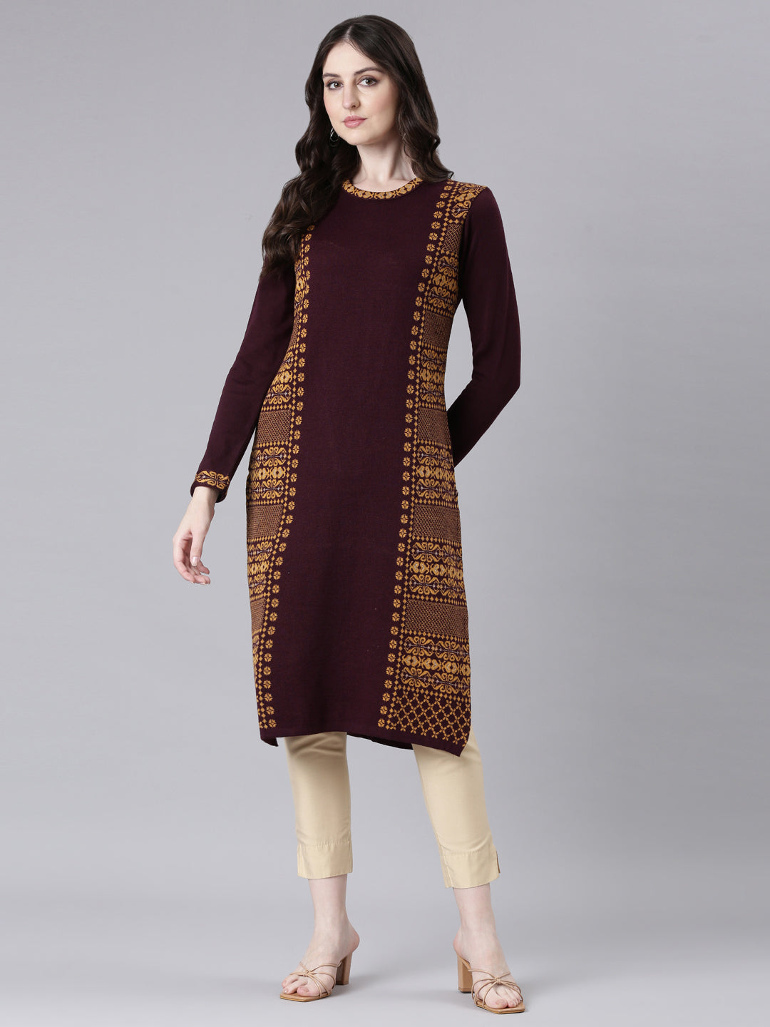 Neerus Maroon acrylic woven straight kurta - front view