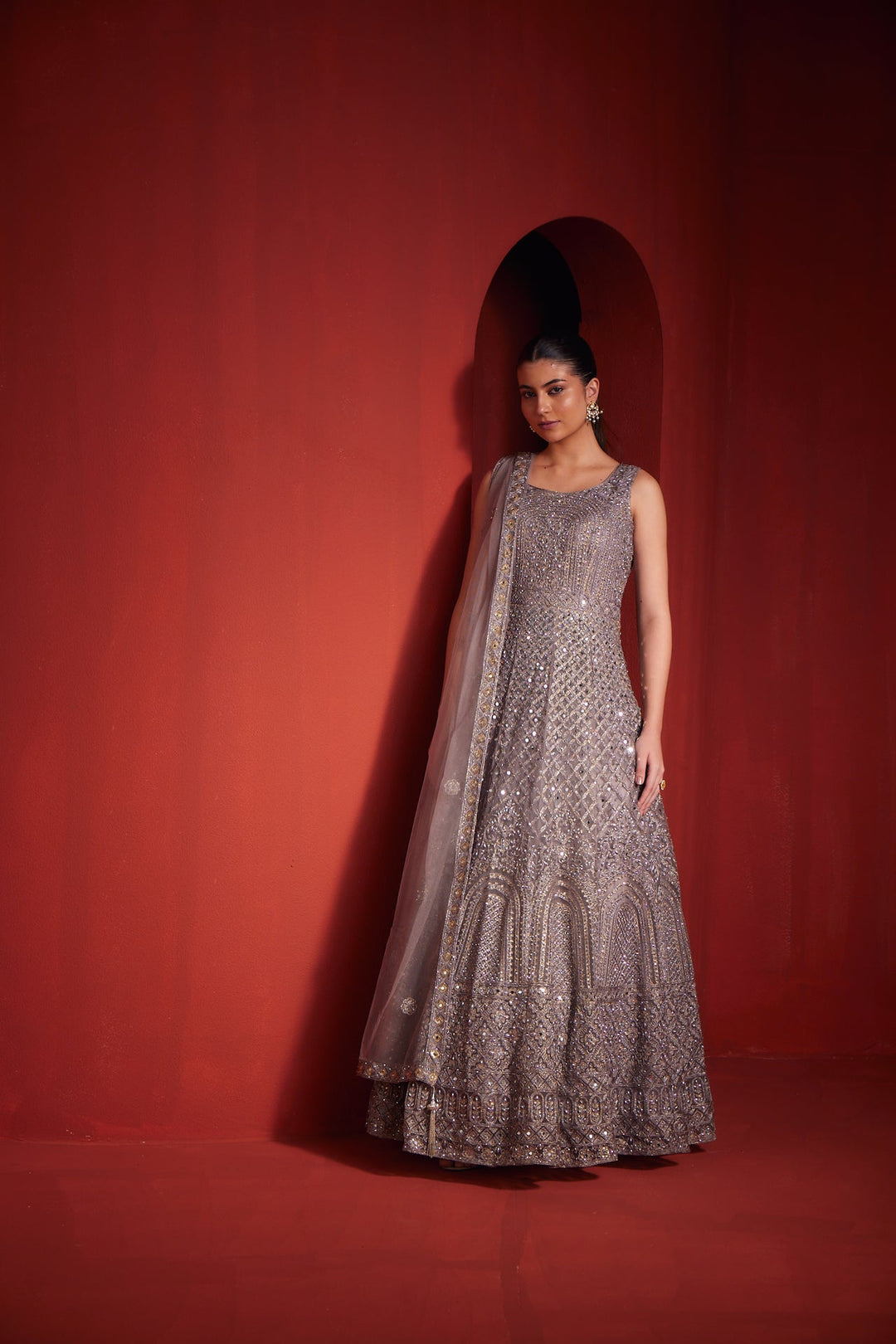 Neerus Purple net embellished gown - front view