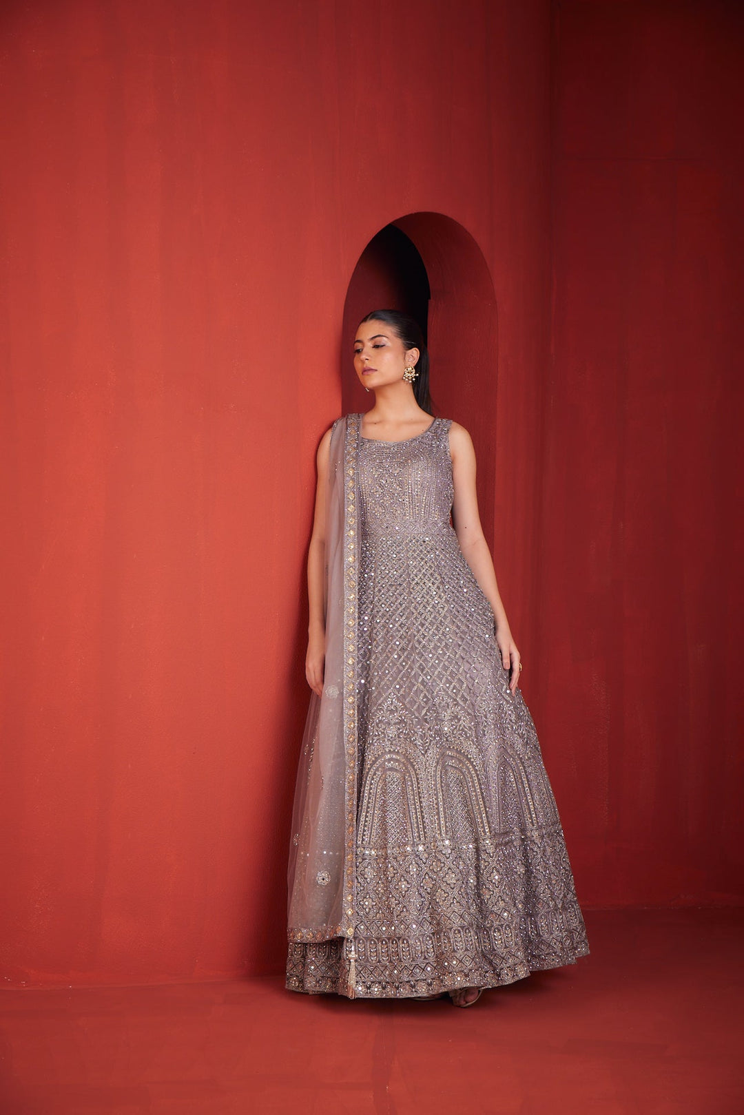 Neerus Purple net embellished gown - back view