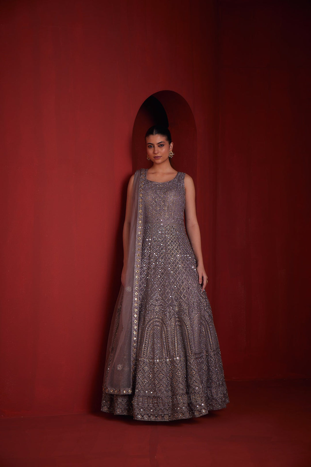 Neerus Purple net embellished gown - side view