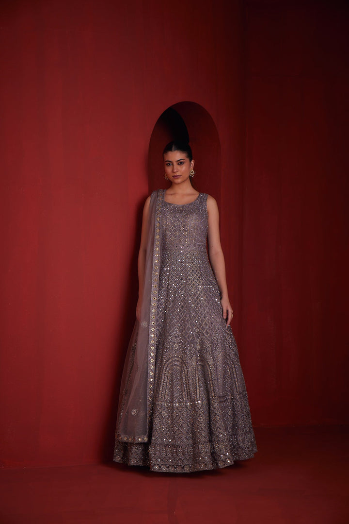 Neerus Purple net embellished gown - side view