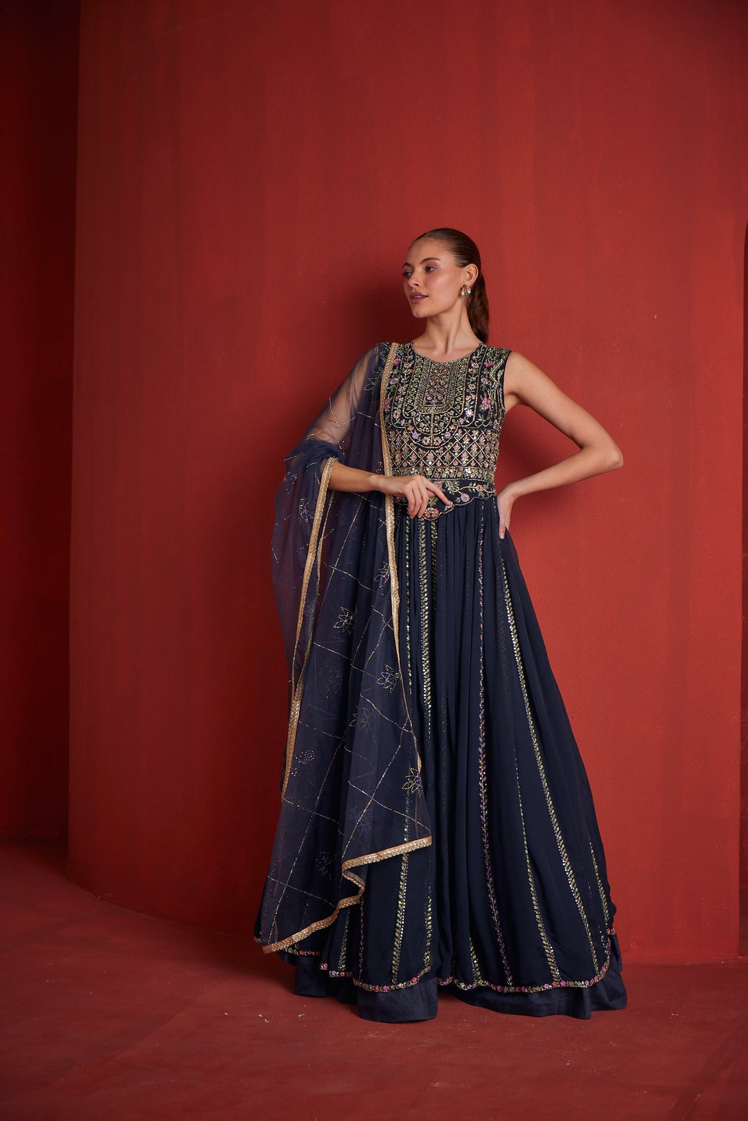 Neerus Blue georgette embellished gown - front view