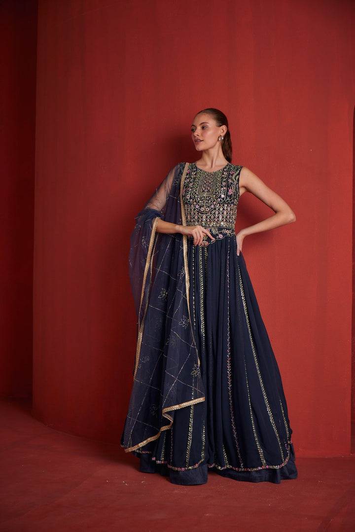 Neerus Blue georgette embellished gown - front view