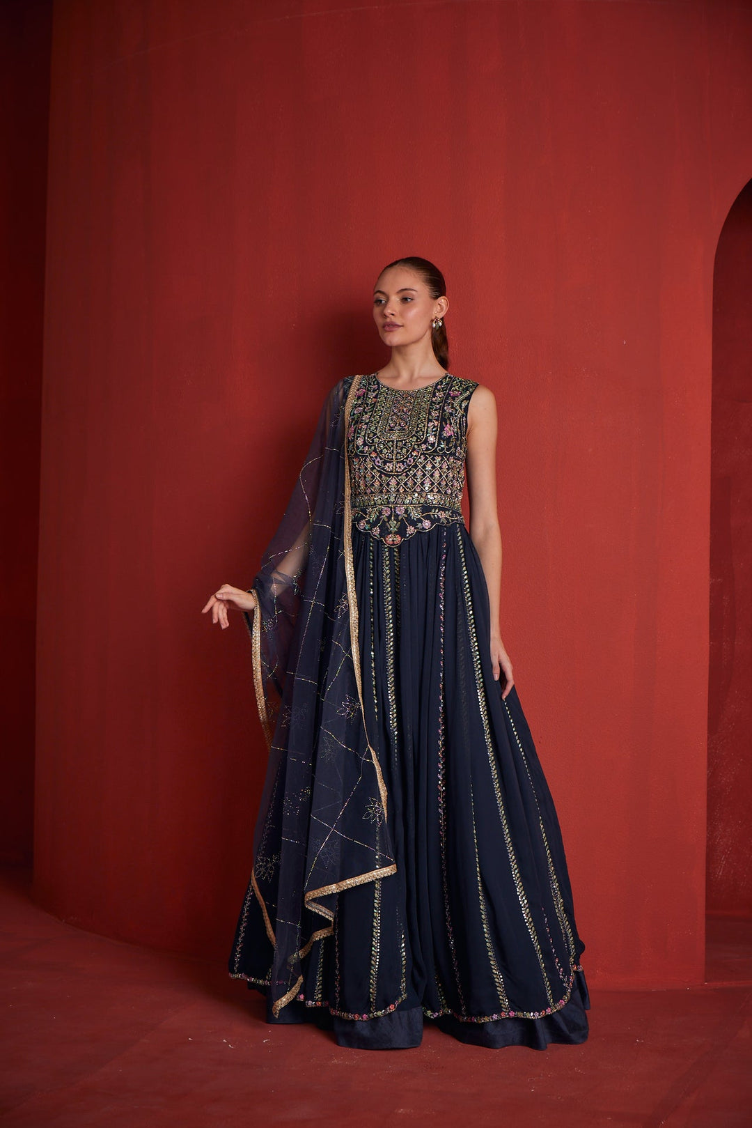 Neerus Blue georgette embellished gown - back view