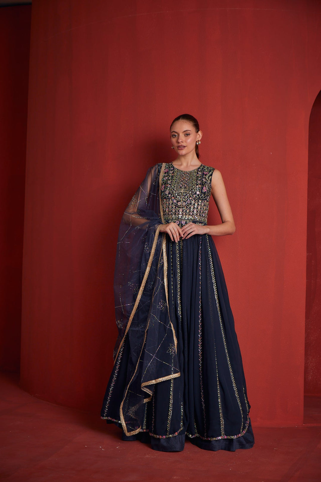 Neerus Blue georgette embellished gown - side view