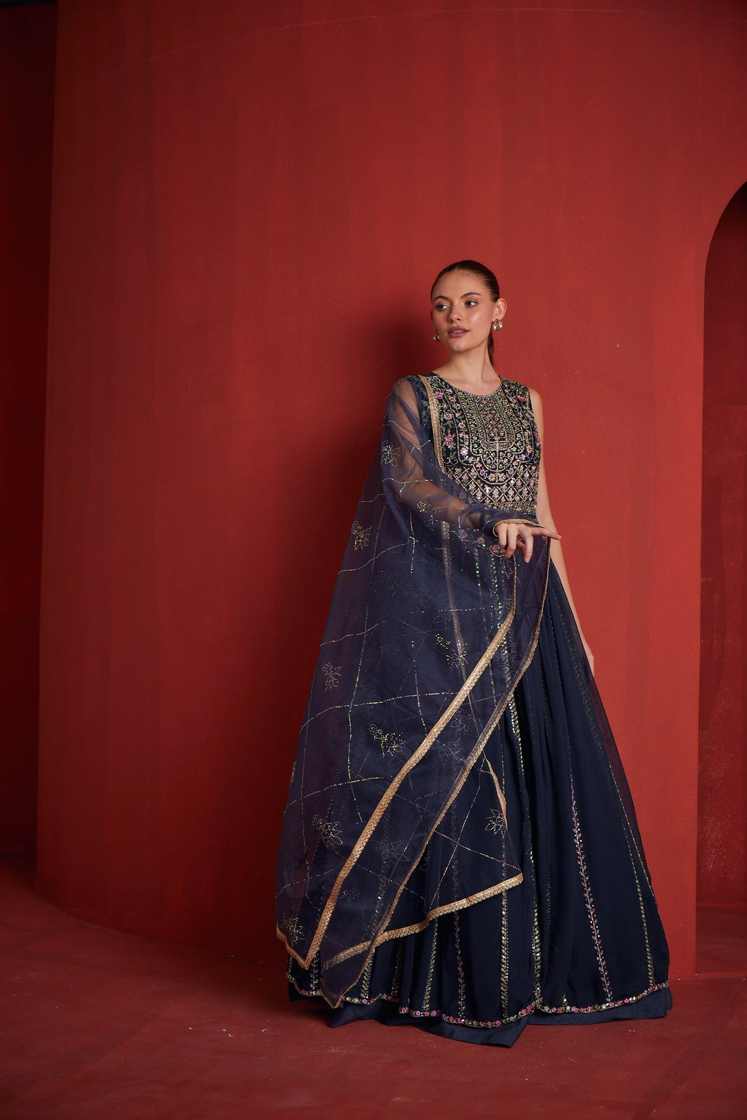 Neerus Blue georgette embellished gown - detail view 1