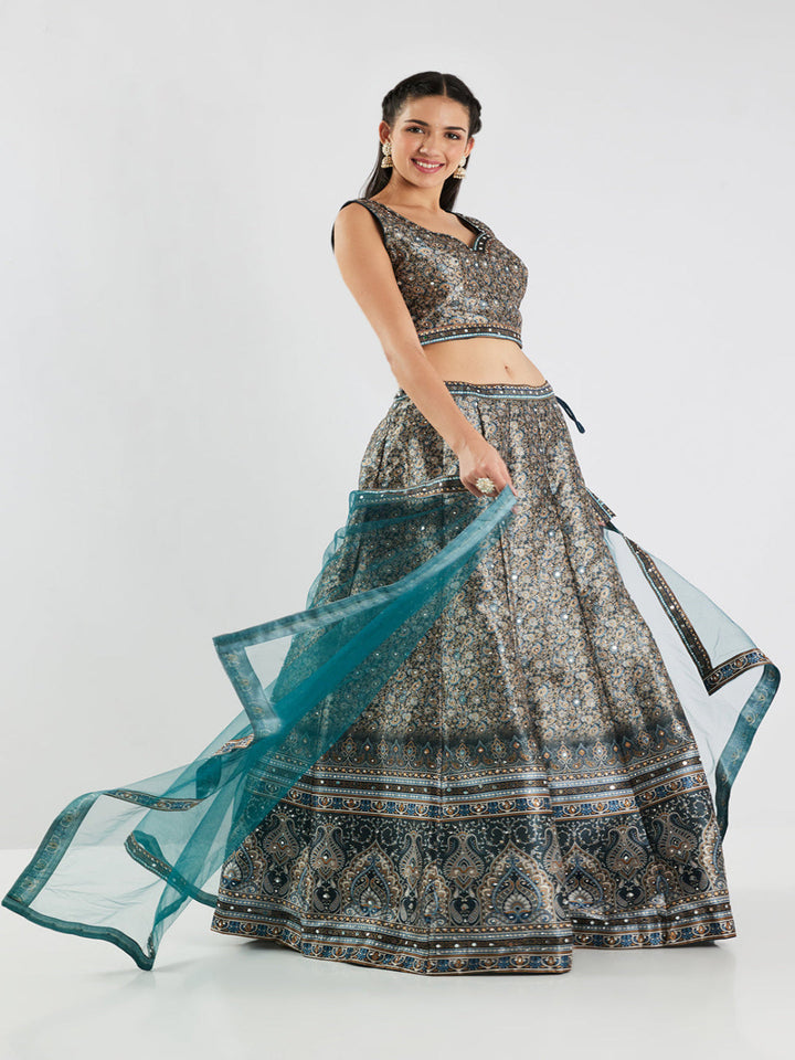 Neerus Green silk printed lehenga set - front view