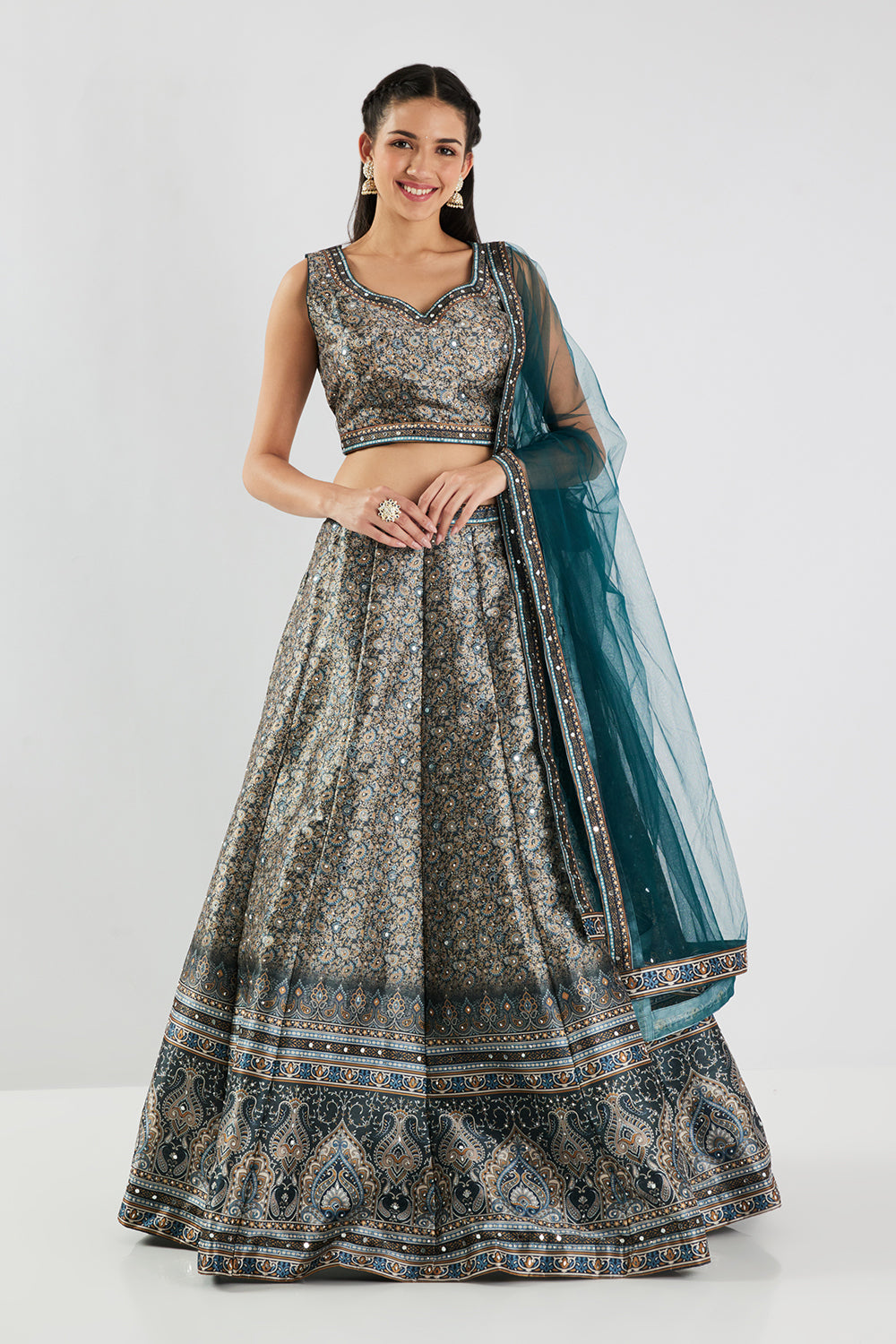Neerus Green silk printed lehenga set - back view
