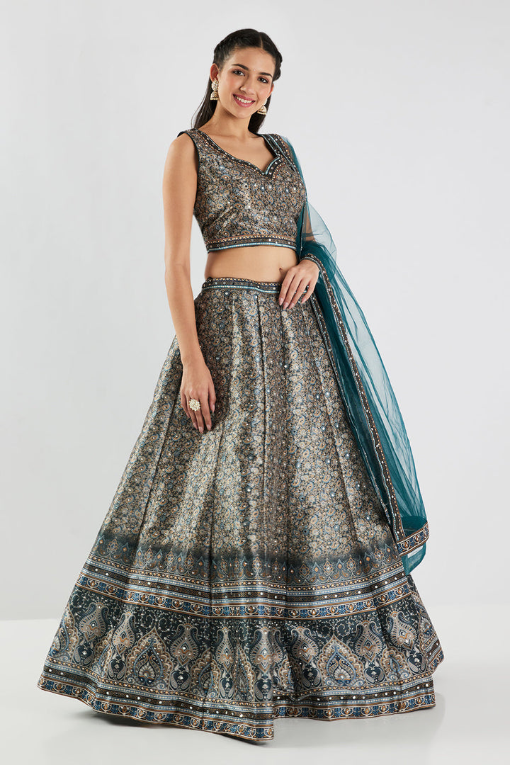 Neerus Green silk printed lehenga set - side view