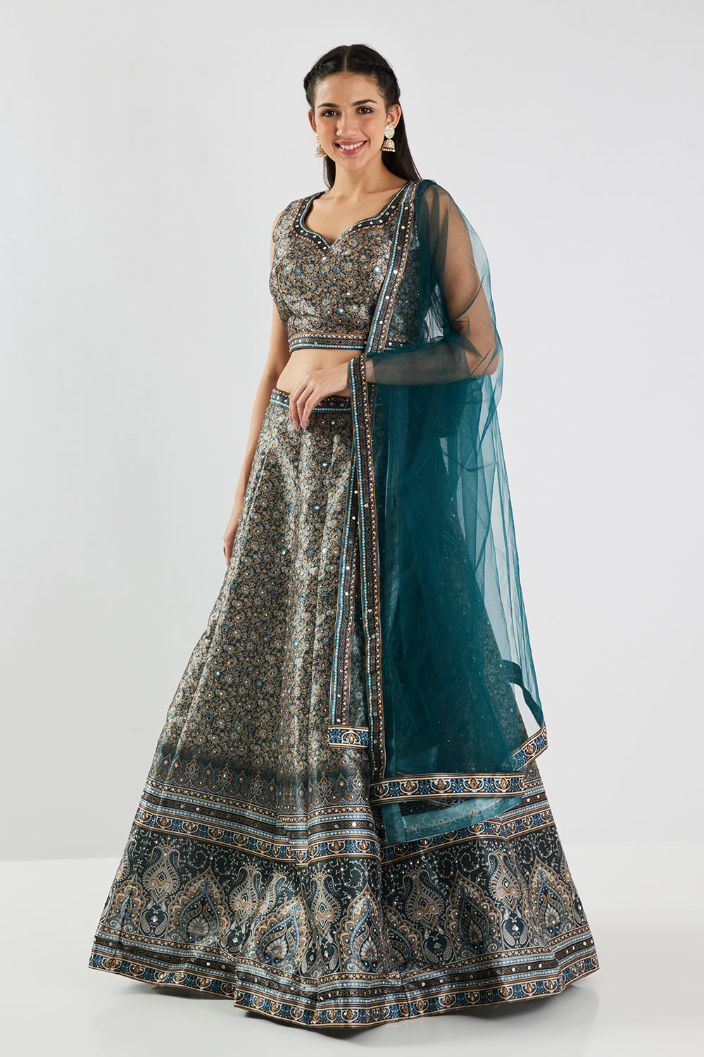Neerus Green silk printed lehenga set - detail view 3