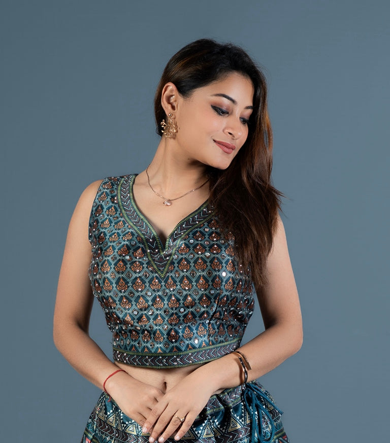 Neerus Green printed flared lehenga set - detail view 1