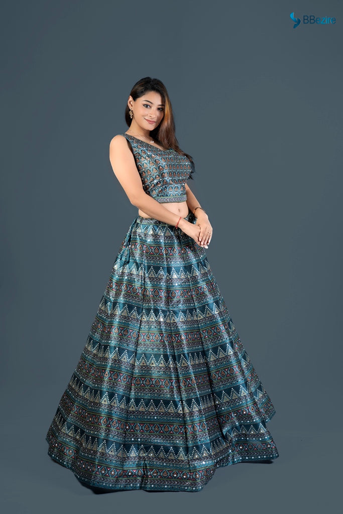 Neerus Green printed flared lehenga set - detail view 5