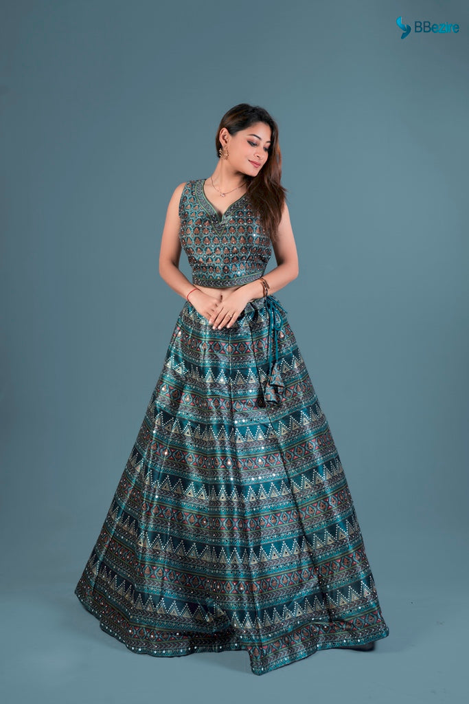 Neerus Green printed flared lehenga set - front view