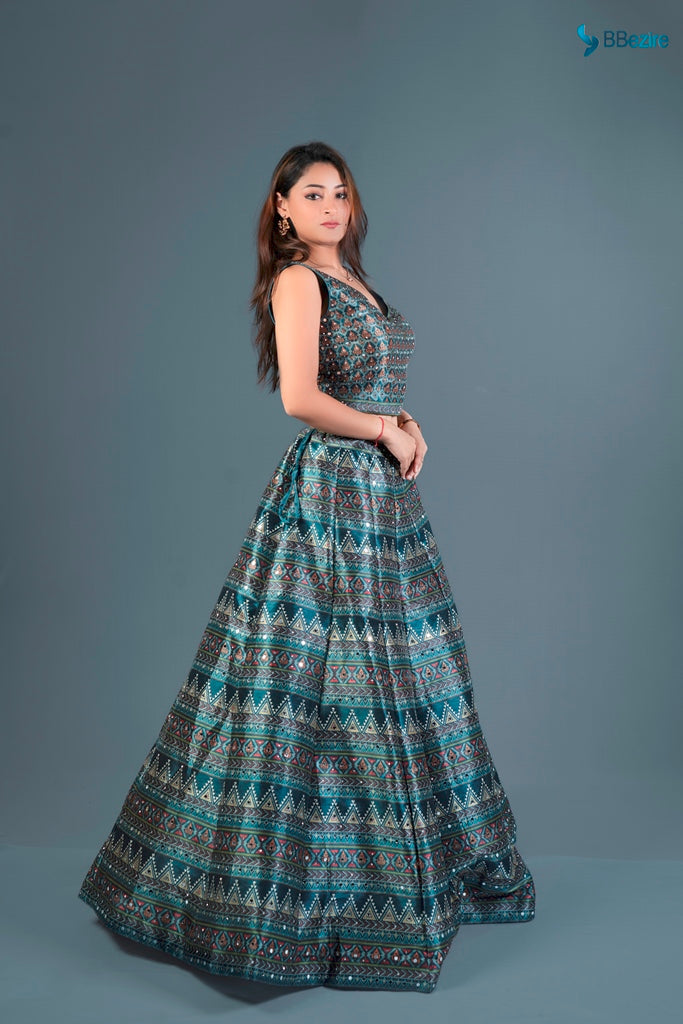 Neerus Green printed flared lehenga set - detail view 6