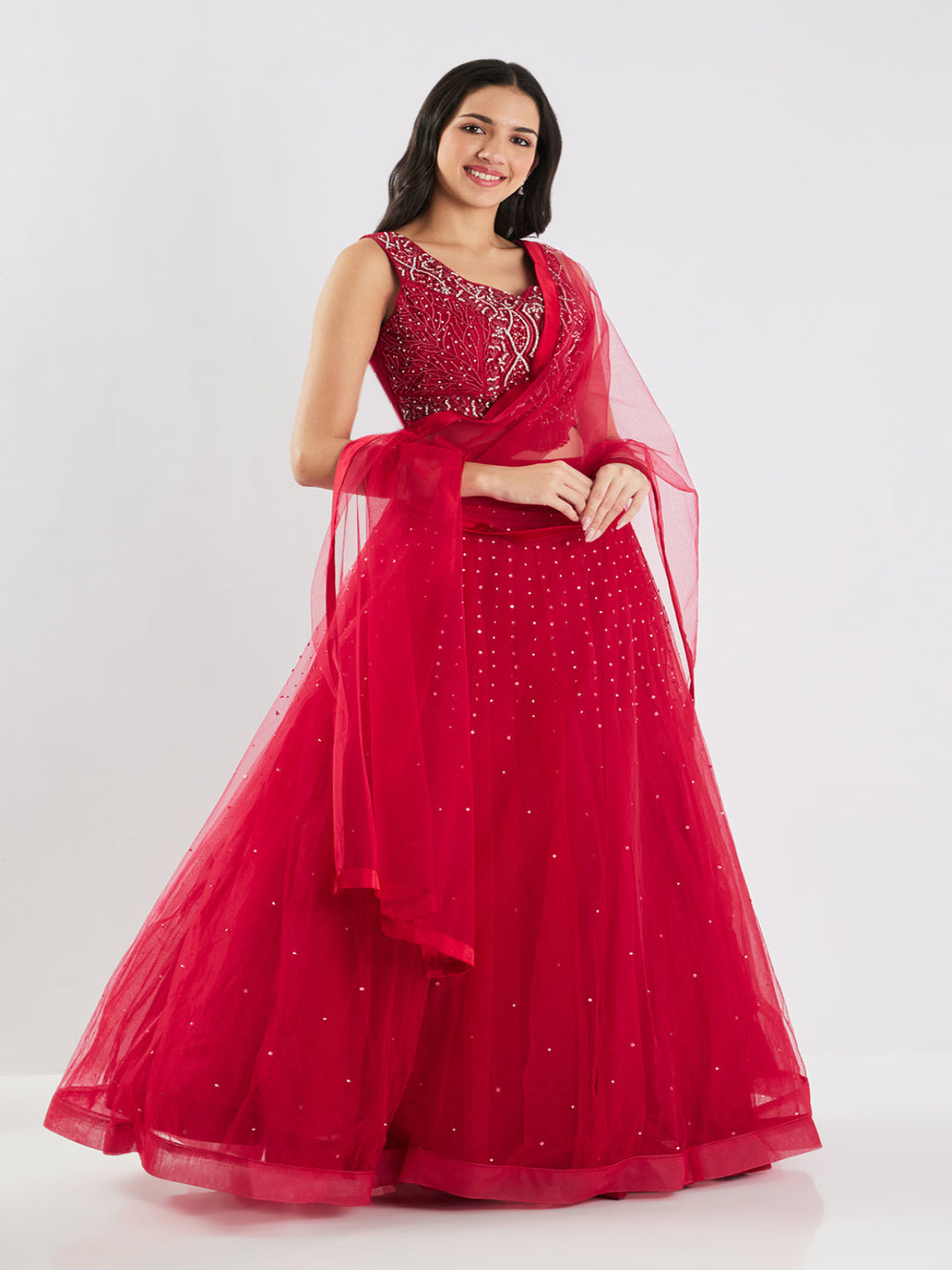 Neerus Maroon net embellished lehenga set - front view