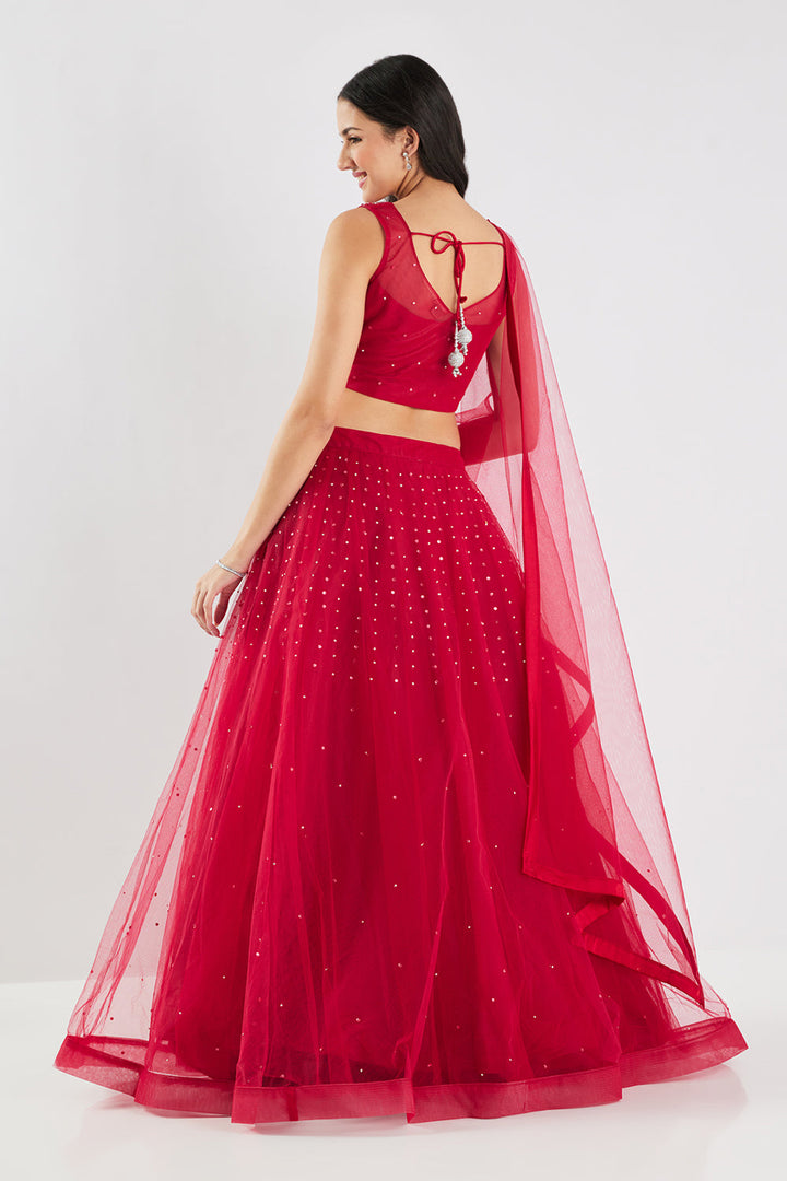 Neerus Maroon net embellished lehenga set - detail view 1