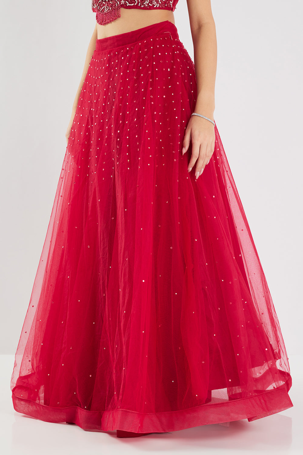 Neerus Maroon net embellished lehenga set - detail view 5