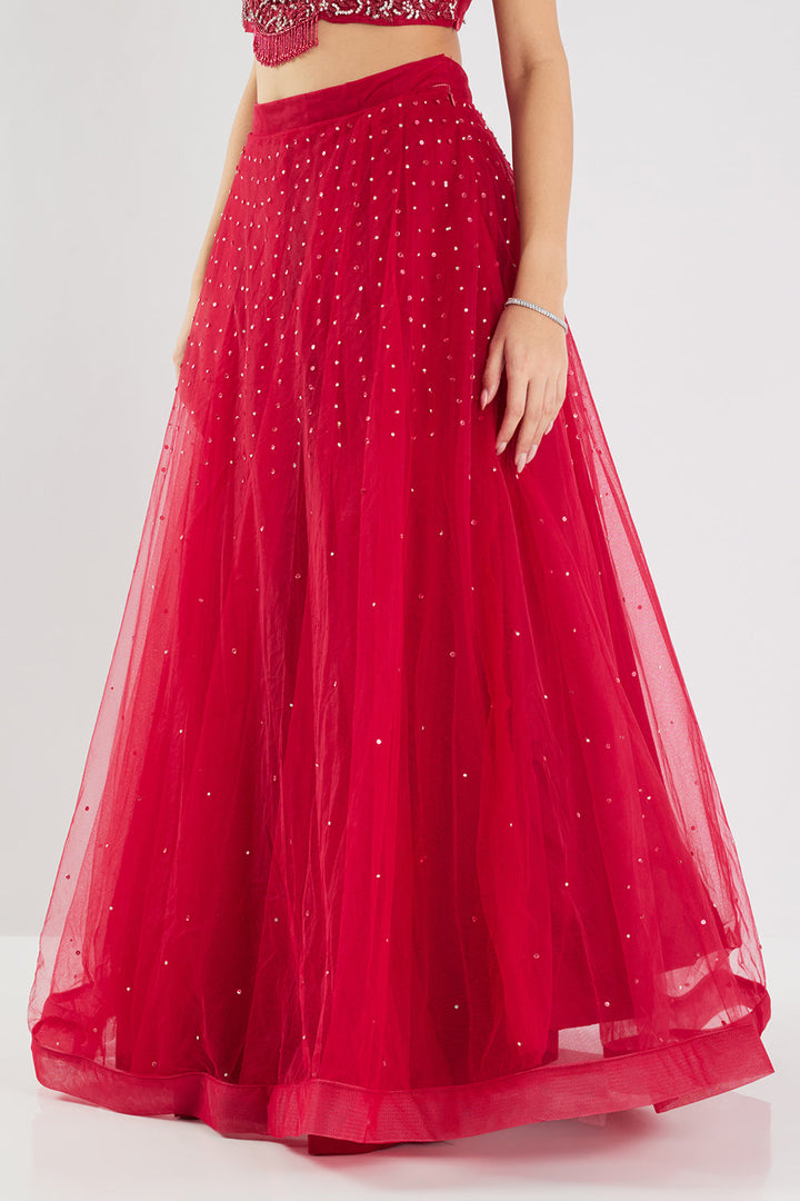 Neerus Maroon net embellished lehenga set - detail view 5