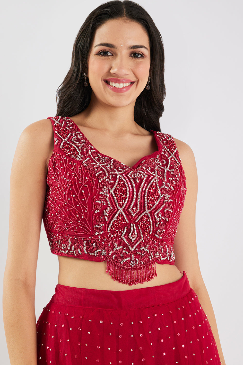 Neerus Maroon net embellished lehenga set - detail view 2