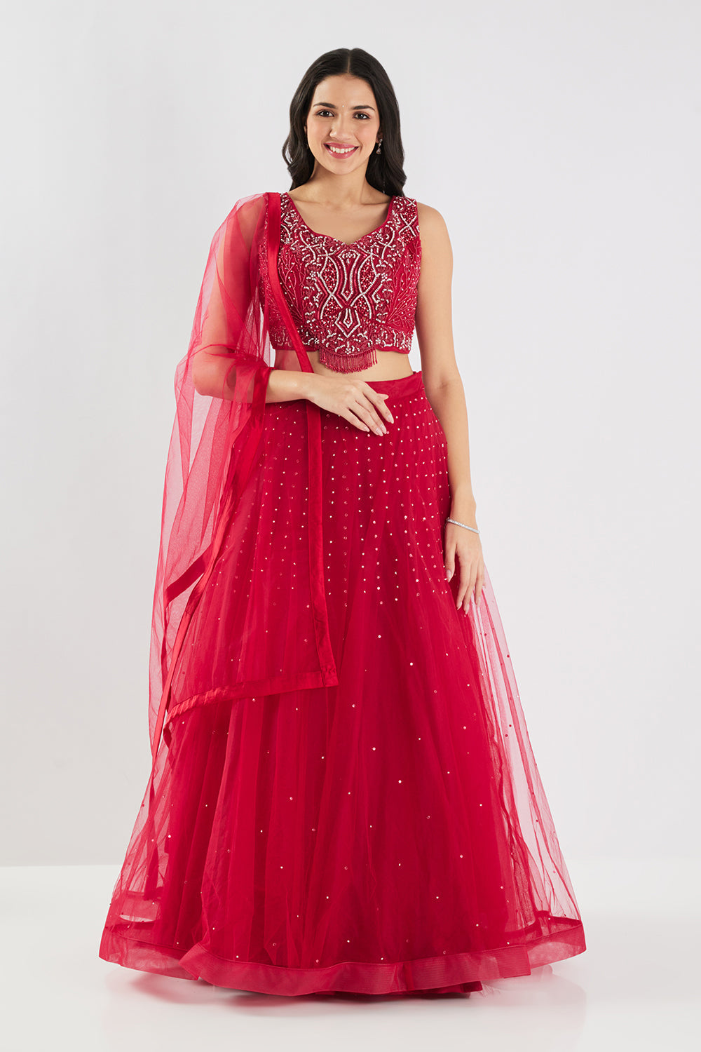 Neerus Maroon net embellished lehenga set - detail view 3