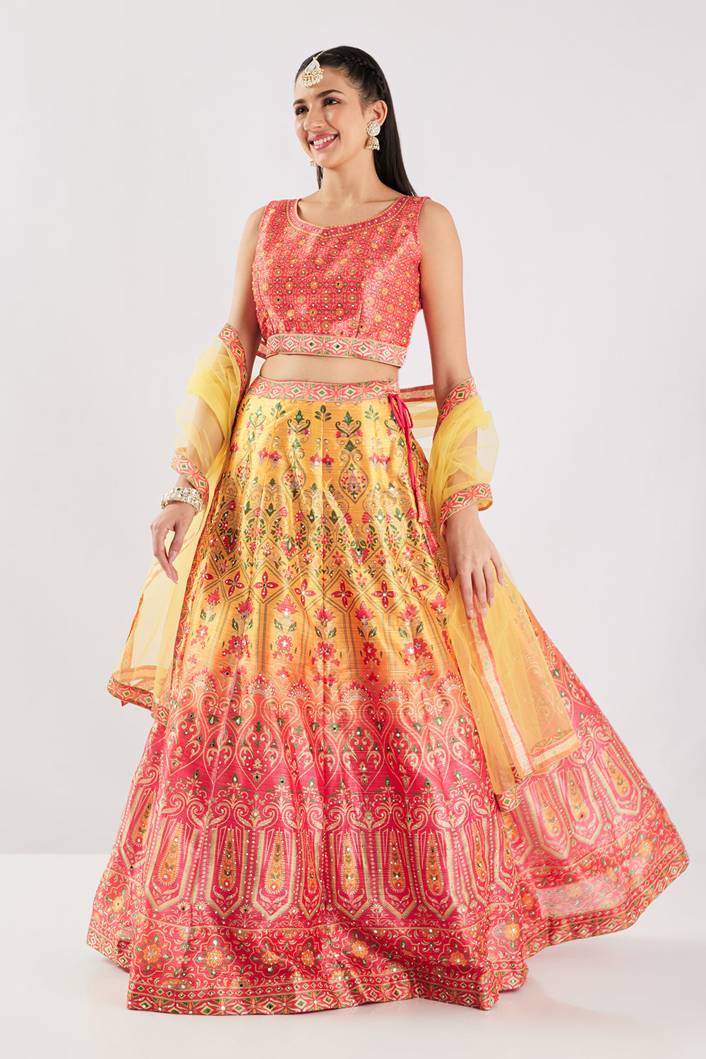Neerus Red silk printed lehenga set - back view