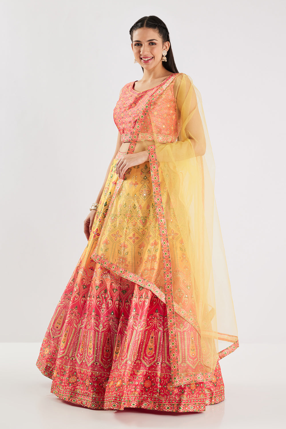Neerus Red silk printed lehenga set - side view