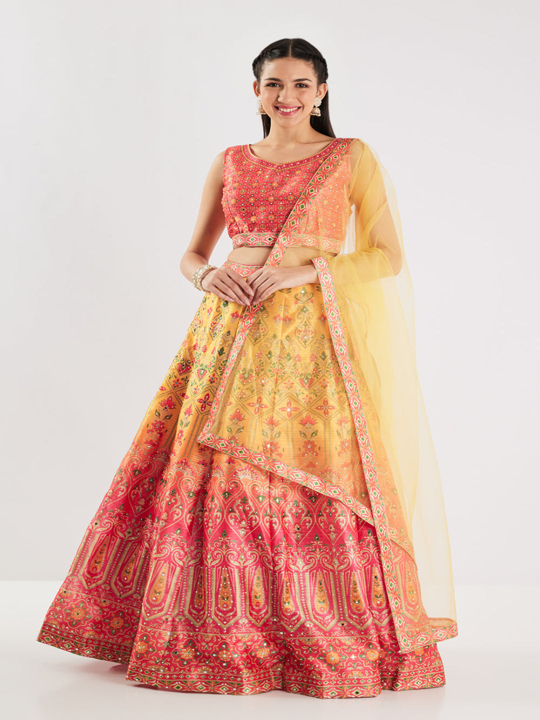 Neerus Red silk printed lehenga set - front view