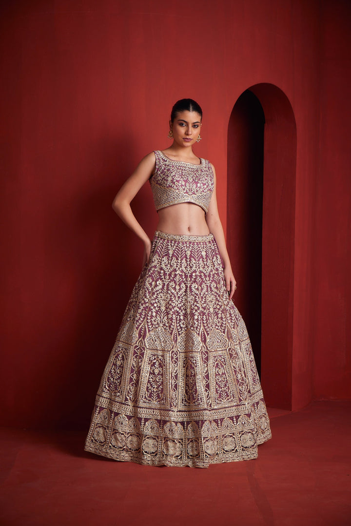 Neerus Pink net embroidered lehenga ghagra set - front view
