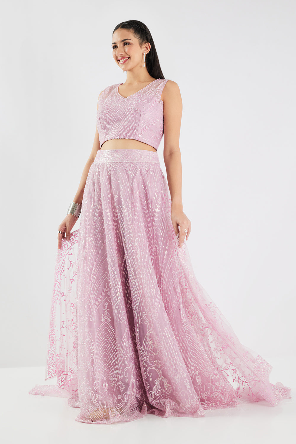 Neerus Pink net embellished lehenga set - back view