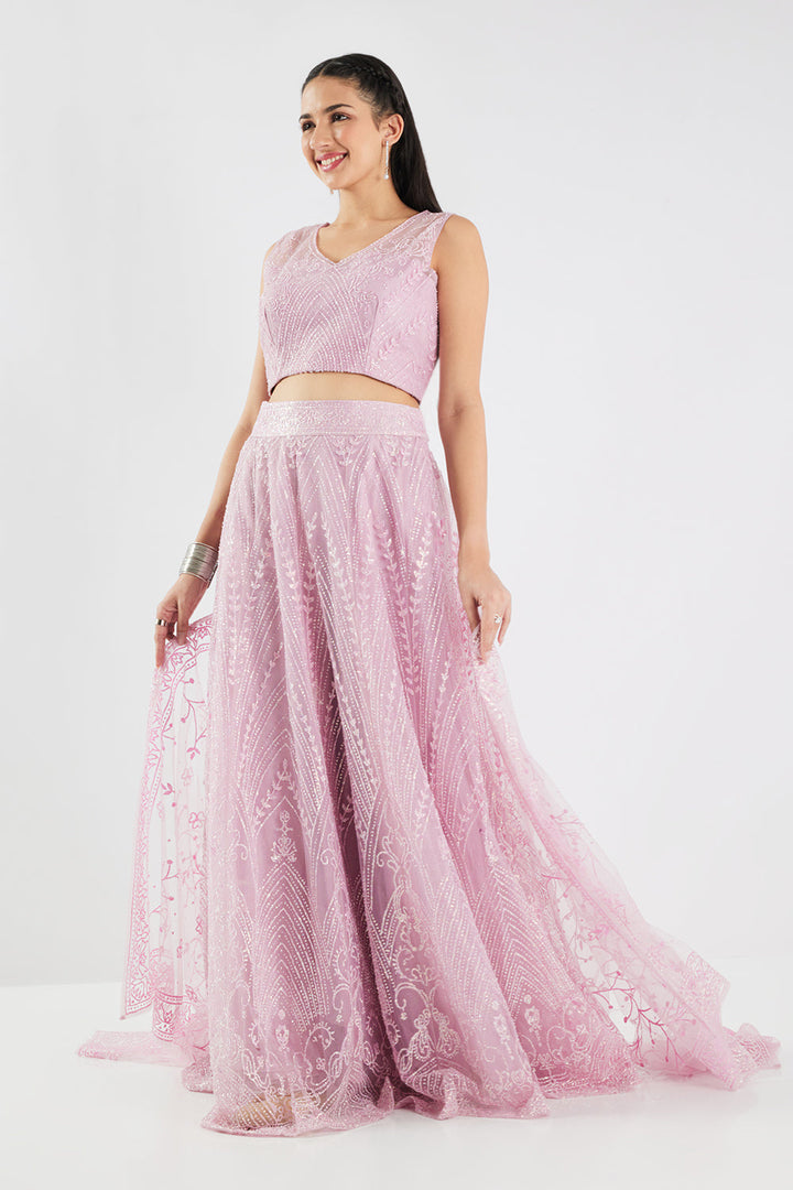 Neerus Pink net embellished lehenga set - back view