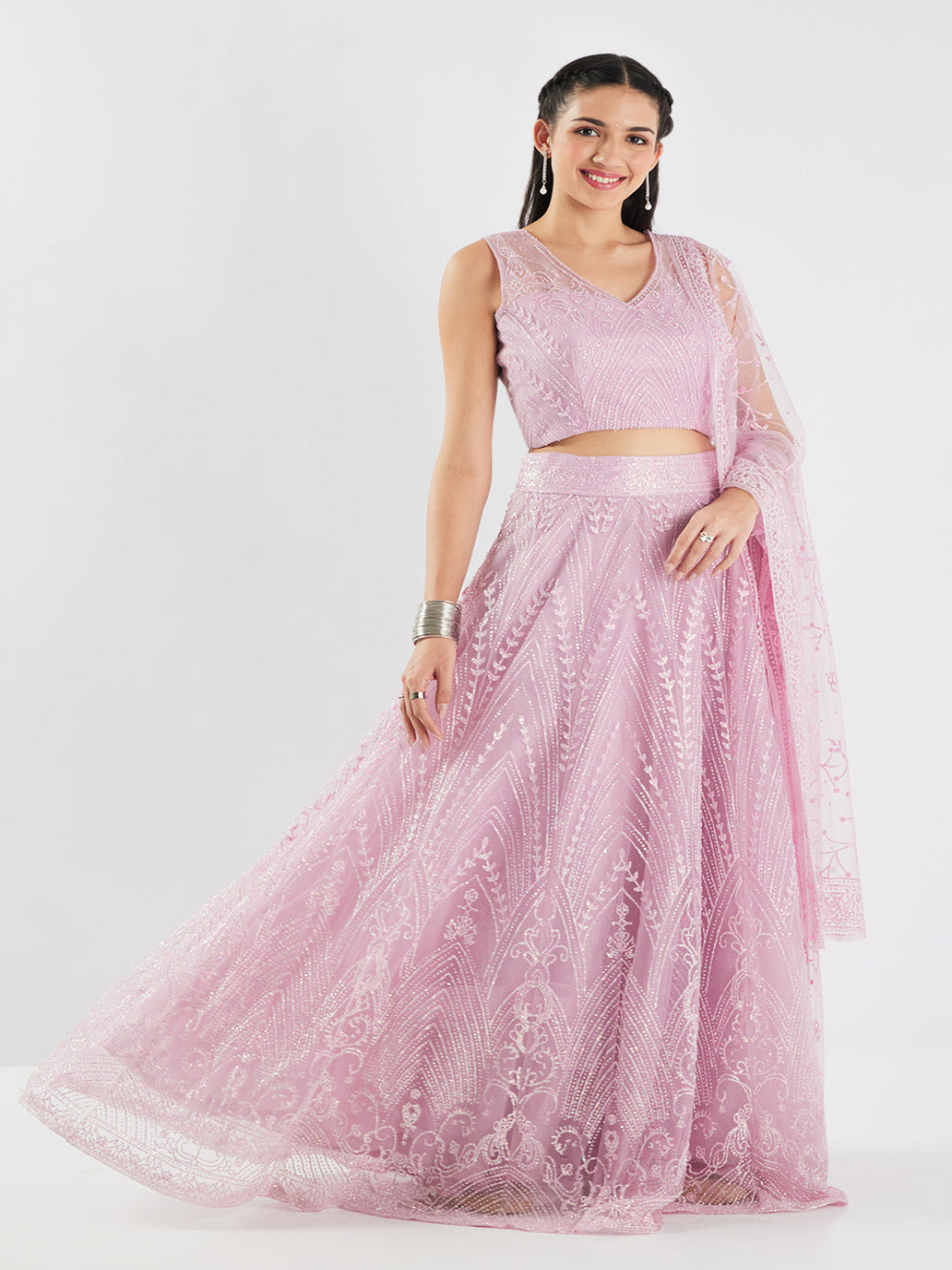 Neerus Pink net embellished lehenga set - front view