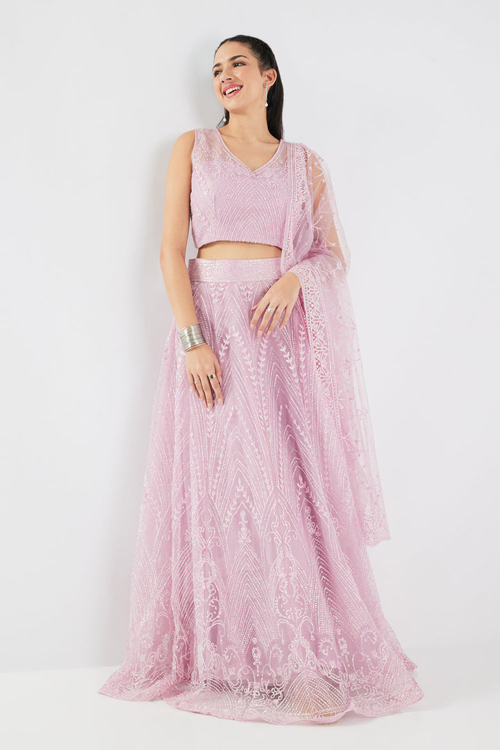 Neerus Pink net embellished lehenga set - side view
