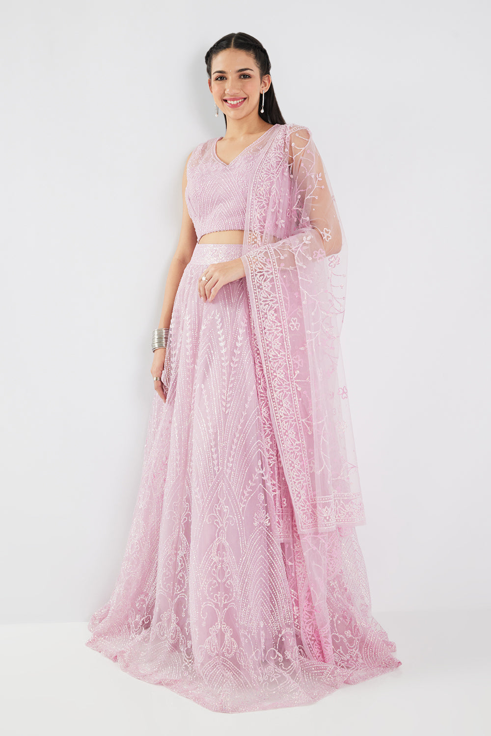Neerus Pink net embellished lehenga set - detail view 3