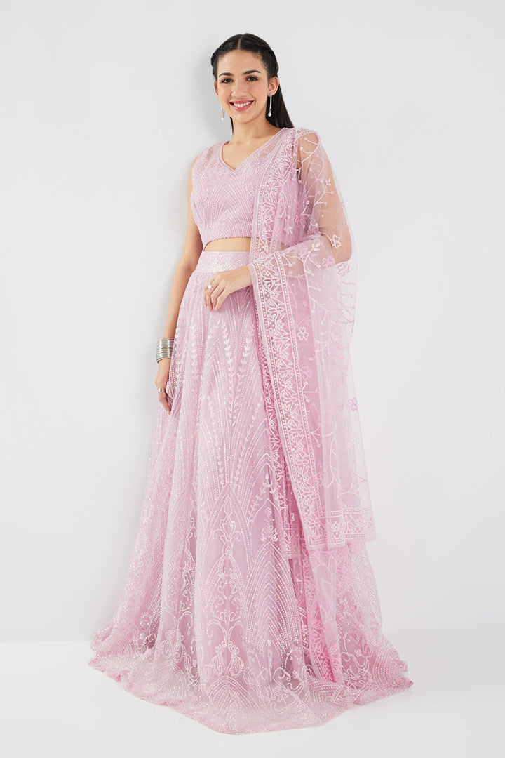 Neerus Pink net embellished lehenga set - detail view 3