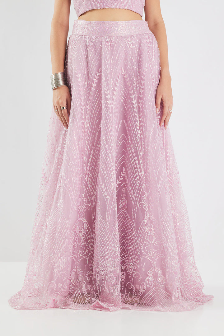 Neerus Pink net embellished lehenga set - detail view 5