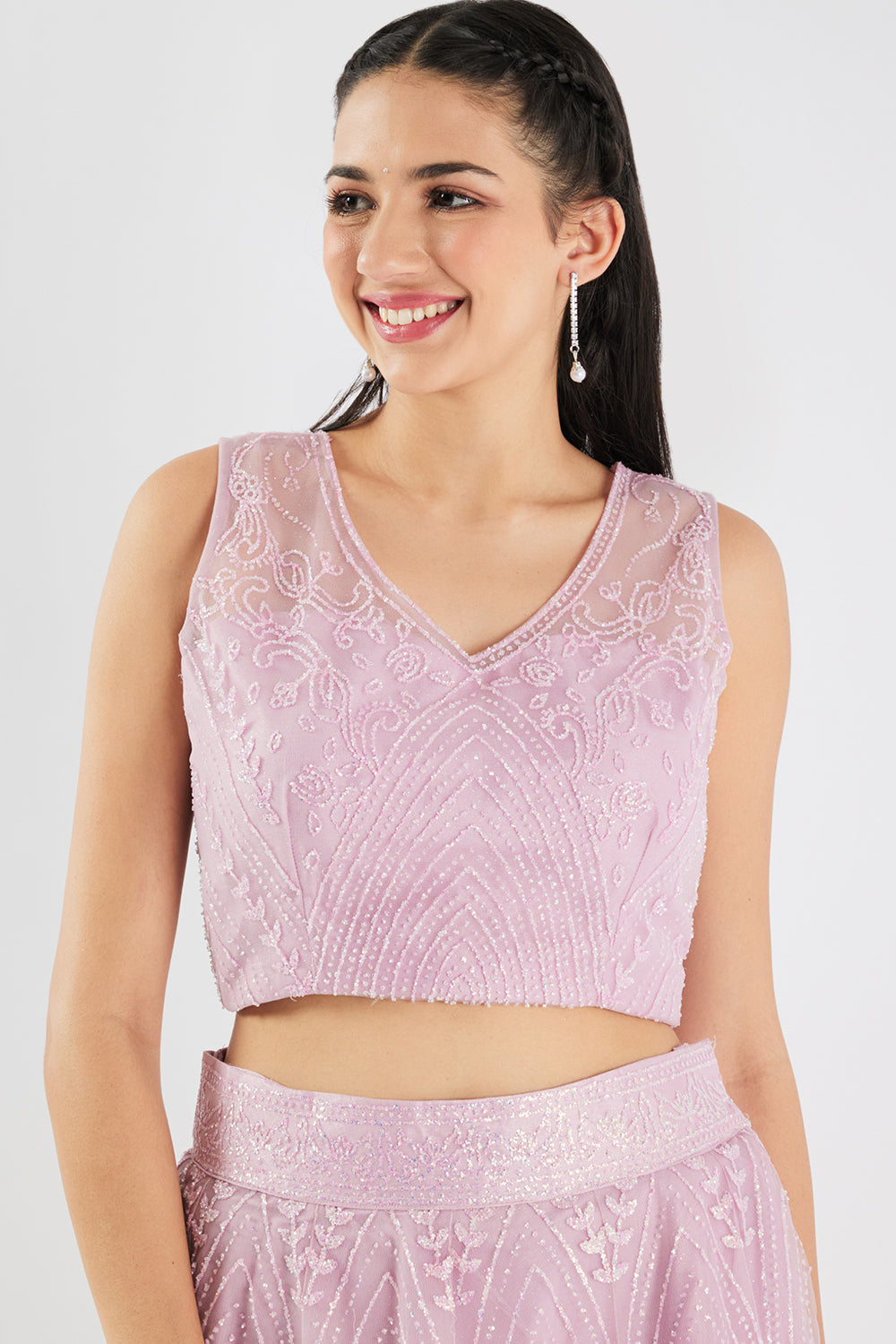 Neerus Pink net embellished lehenga set - detail view 2