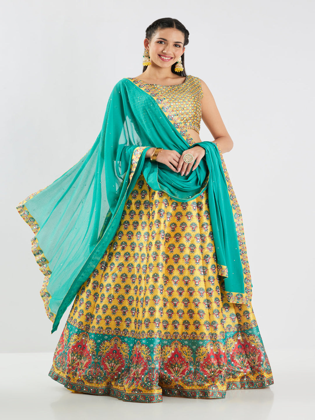 Neerus Yellow silk printed lehenga set - front view