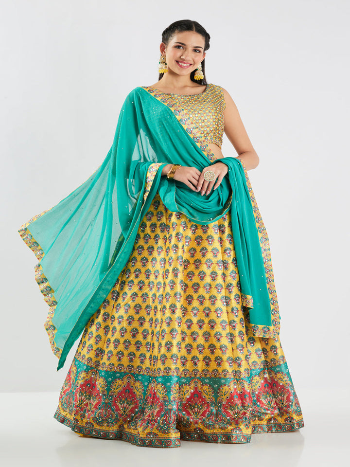 Neerus Yellow silk printed lehenga set - front view