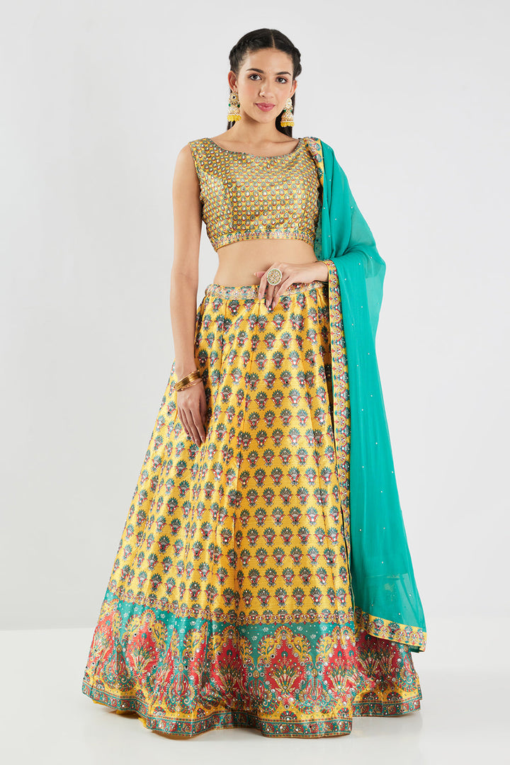 Neerus Yellow silk printed lehenga set - back view