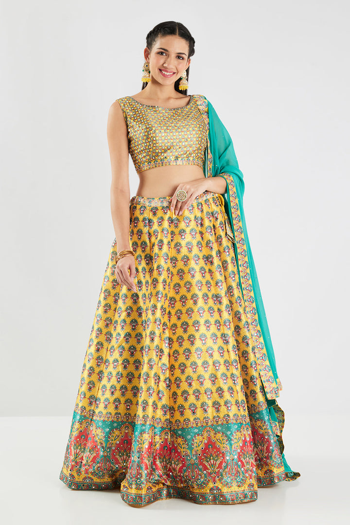 Neerus Yellow silk printed lehenga set - detail view 3