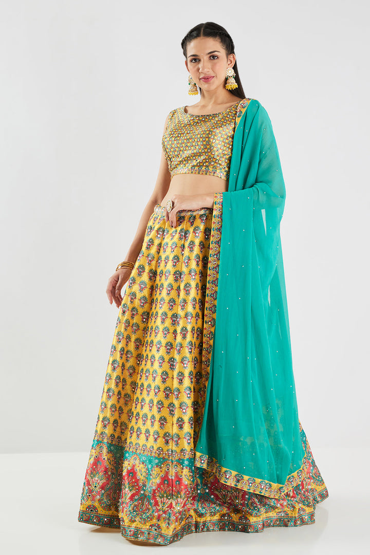 Neerus Yellow silk printed lehenga set - detail view 1