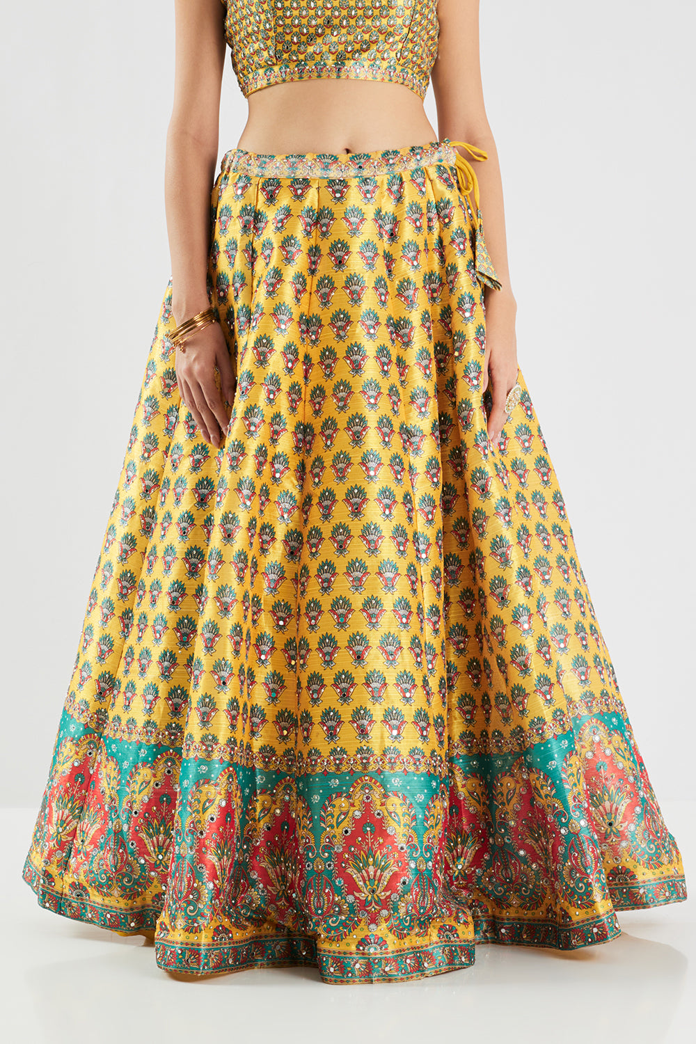 Neerus Yellow silk printed lehenga set - detail view 4