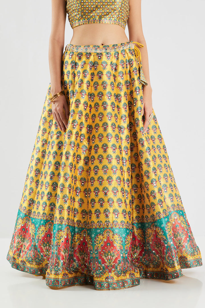 Neerus Yellow silk printed lehenga set - detail view 4